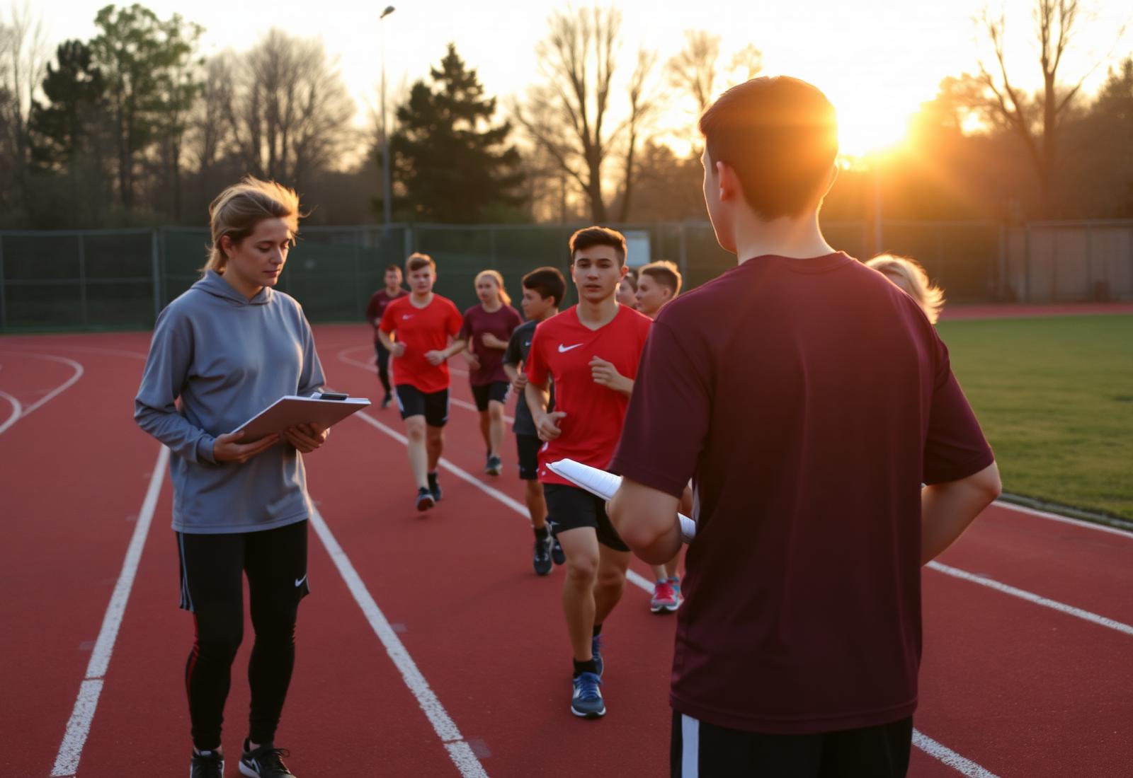 Coaches and young athletes training on an outdoor track at sunset